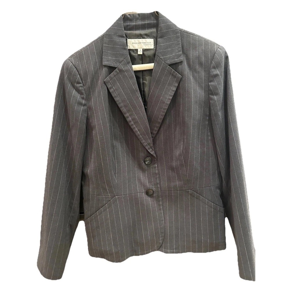 Jones New York Pin Stripe Blazer 12 Jacket Charcoal Lined Shoulder Pads Office - Picture 1 of 13